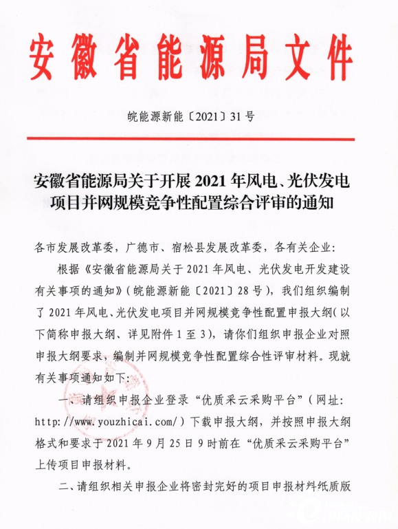 安徽發(fā)布《安徽省能源局關(guān)于開(kāi)展 2021年 風(fēng)電、光伏發(fā)電 項(xiàng)目并網(wǎng)規(guī)模競(jìng)爭(zhēng)性配置綜合